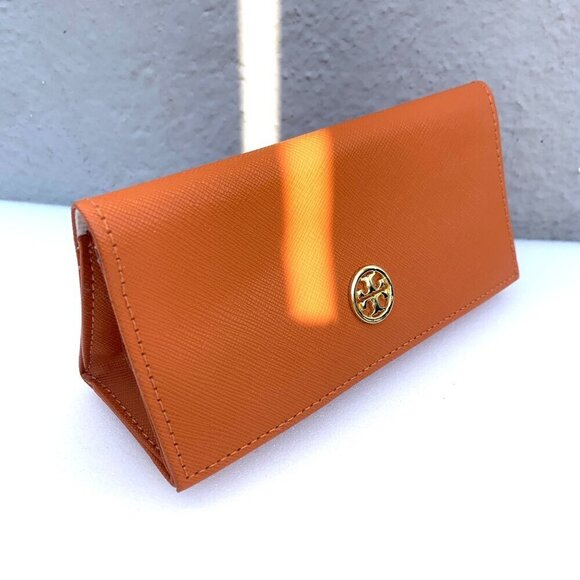 Tory Burch Protective Glasses Sunglasses Case Orange Leather Triangle With Cloth - Picture 4 of 7